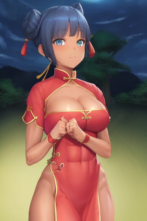 Image of winter, martial arts, chinese clothes, wrist wrap, tanned, cleavage, pig tails, abs, dress, short hair, blue hair