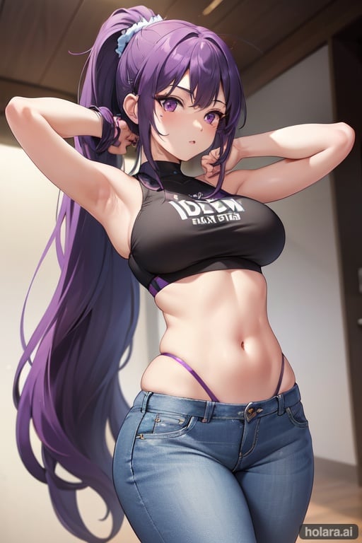 Image of ponytail, long hair,purple eyes,purple hair, big boobs, navel,crop top,jeans,thick thighs, original,thin waist ,showing armpits