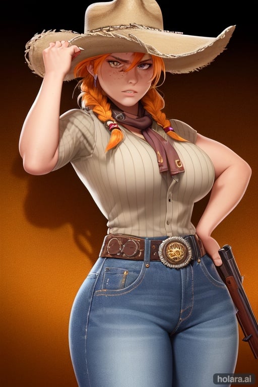 Image of 1 girl, solo,very detailed wild west background, HD, desert, cowgirl, gun slinger outfit, curvy, cowgirl hat, chaps, +holding a revolver both hands+, holding guns, fighting stance, from side, angry, furrowed brow, jeans, boots, orange hair, yellow eyes, gloves, ascot, braid, perfect body, sunny, freckles, outlaw looking , weapon, belt, short height 