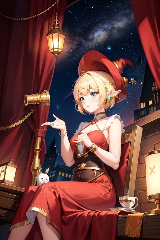Image of 1girl, blonde, short hair, elf, elf earrings, astrology, telescope, lights, red dress, witch hat, red tones, inside a tower