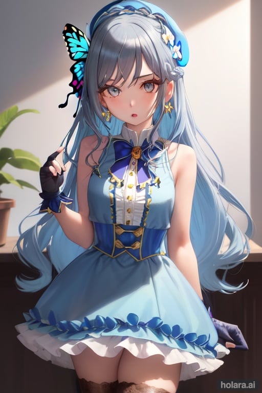 Image of cute & girly (idolmaster), long hair, open mouth, thighhighs, blue eyes, gloves, skirt, jewelry, bare shoulders, idolmaster, indoors, thick thighs masterpiece++, ultra-detailed++, pixiv++, best shadows++, best lighting++, best quality++, cinematic shot, rim lightning, 1girl, jewelry, solo, blue eyes, hair ornament, looking at viewer, ring, braid, bangs, blue nails, flower, blue butterfly, earrings, white hair, hair between eyes, blue flower, butterfly, parted lips, nail polish, bug, long hair, butterfly hair ornament, hair flower, hat, blush, crossed bangs, blue theme, portrait