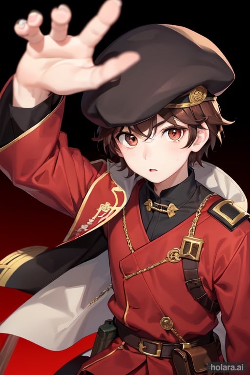 Eleven year old boy with pale face, rosy cheeks and innocent pale face with big brown eyes, brown hair, background of a steampunk feudal Japan. Dressed in a tough red and black military uniform and has a black beret on his head. He carries a Japanese sword in his right hand