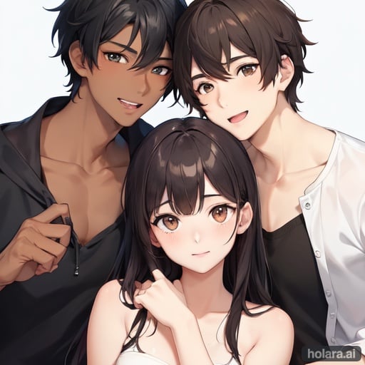 Image of hot anime boy with dark skin, black hair, hazel eyes cuddling his girlfriend with brown eyes and brown hair smiling