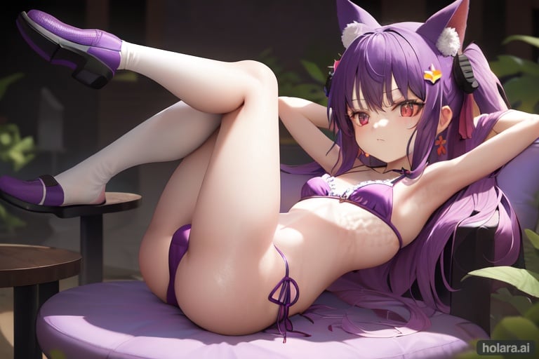 Image of Purple little-girl, sits squeezing her legs , bikini, little