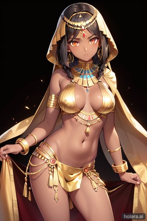 Image of girl, cleopatra, earrings, bracelet, necklace, bob hair, braid, golden hair ornament, golden ornaments, Egypt, in the ruins, (dark skin)++, shiny hair, black hair, golden eyes, thigh, waist, clavicle, pretty face, ancient Egyptian clothing, belly button, sharp eyes, calm face, tight stomach