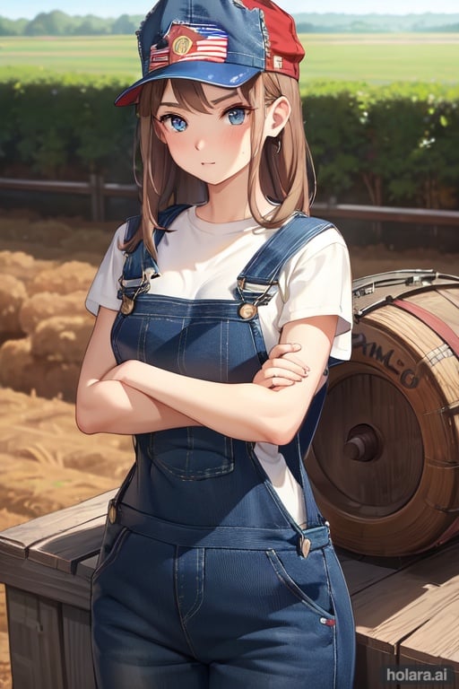 Image of masterpiece++, best quality++, ultra-detailed+, (american girl)+, (United States)+++, (crossed arms)++, 4K, 8K+, best quality, beautiful+, (redneck cap)+++, brown hair, vivid colors, american, blue eyes, (light skin)++, beautiful, overalls+++, (farm background)++, girl, (rifle on the back)+, chubby body