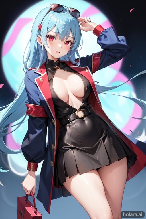 Image of teen anime girl blue hair school red coat long sleeves black skirt complex background perfect anatomy perfect lights and shadow focus on girl yandere seductive smile blush sungles open mouth  hair ornament bracelet holding hand bag tight dress open coat golden eyes visible through hair bow thick thighs big breast headphones around neck dynamic pose 