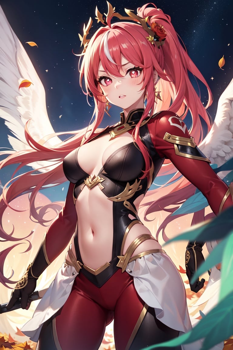 Image of anime, girl, ahoge, cute, tall female, muscular, medium breasts, long hair, low ponytail, crystal earrings, floating hair, red multicolored hair, streaked hair, shiny hair, shiny skin, red multicolored eyes, gradient hair, gradient eyes, masterpiece, best quality, dynamic pose, volumetric lighting, intricately detailed outfit, intricately detailed face, perfect eyes, autumn leaves, sparkles, flower-shaped pupils, aurora, pink flower, close-up, red pink powersuit with long sleeves and chest belt, pants, skirt, electricity, leaf, gradient sky, star (sky), phoenix crown, solo, navel, aura,