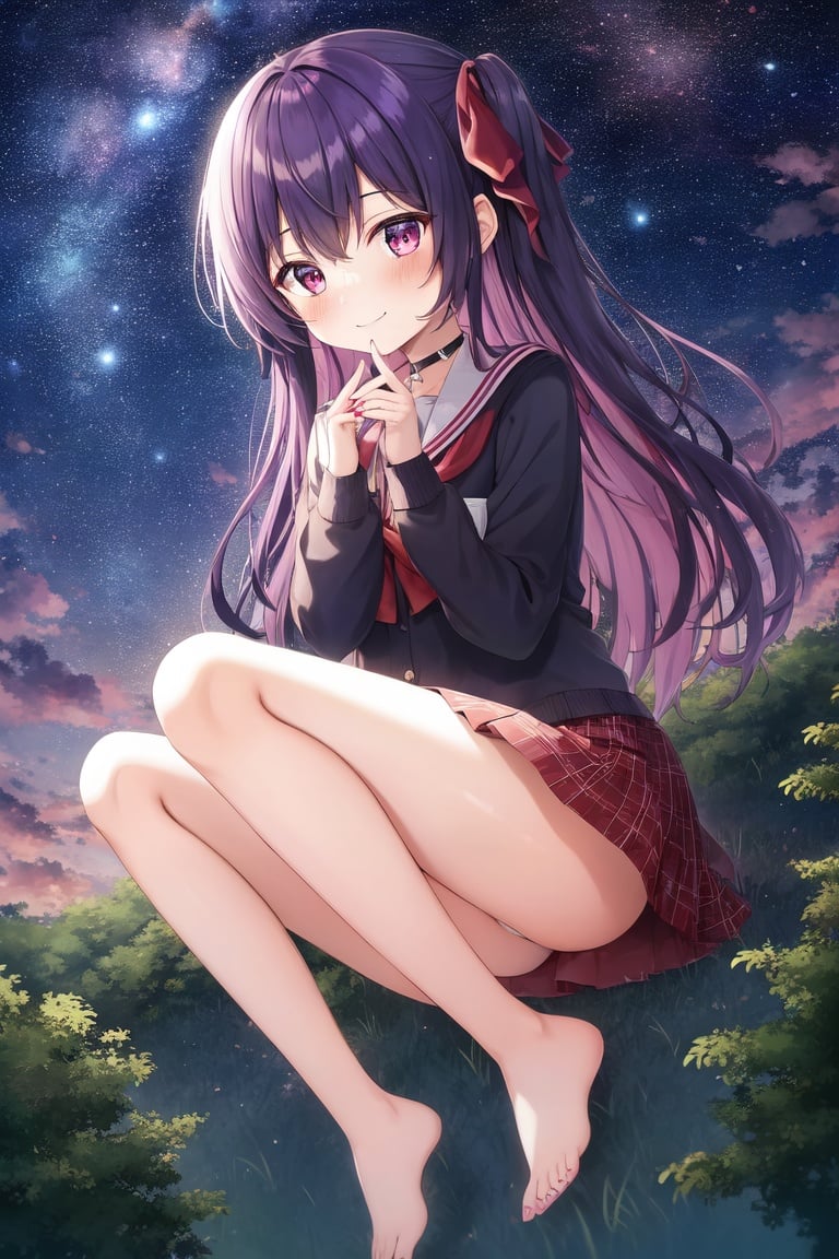 Image of 1girl, petite, solo, dark purple hair, bright red eyes, shy, blush, smile, full body, barefoot, hair ribbon, skirt, cute, beautiful, lying, on side, forest, night, starry sky, (vivid color)+