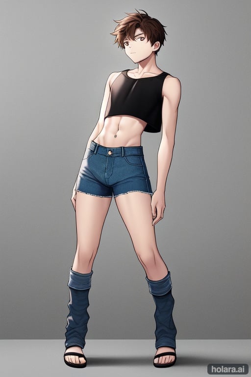Image of realistic, indoors, simple background, boy+, solo, 18 years old, tall++, male, androgynous+, short wavy light brown hair, brown eyes, boy in oversized crop top+++, denim shorts, wide hips, big butt, thicc thighs, sandals, kind