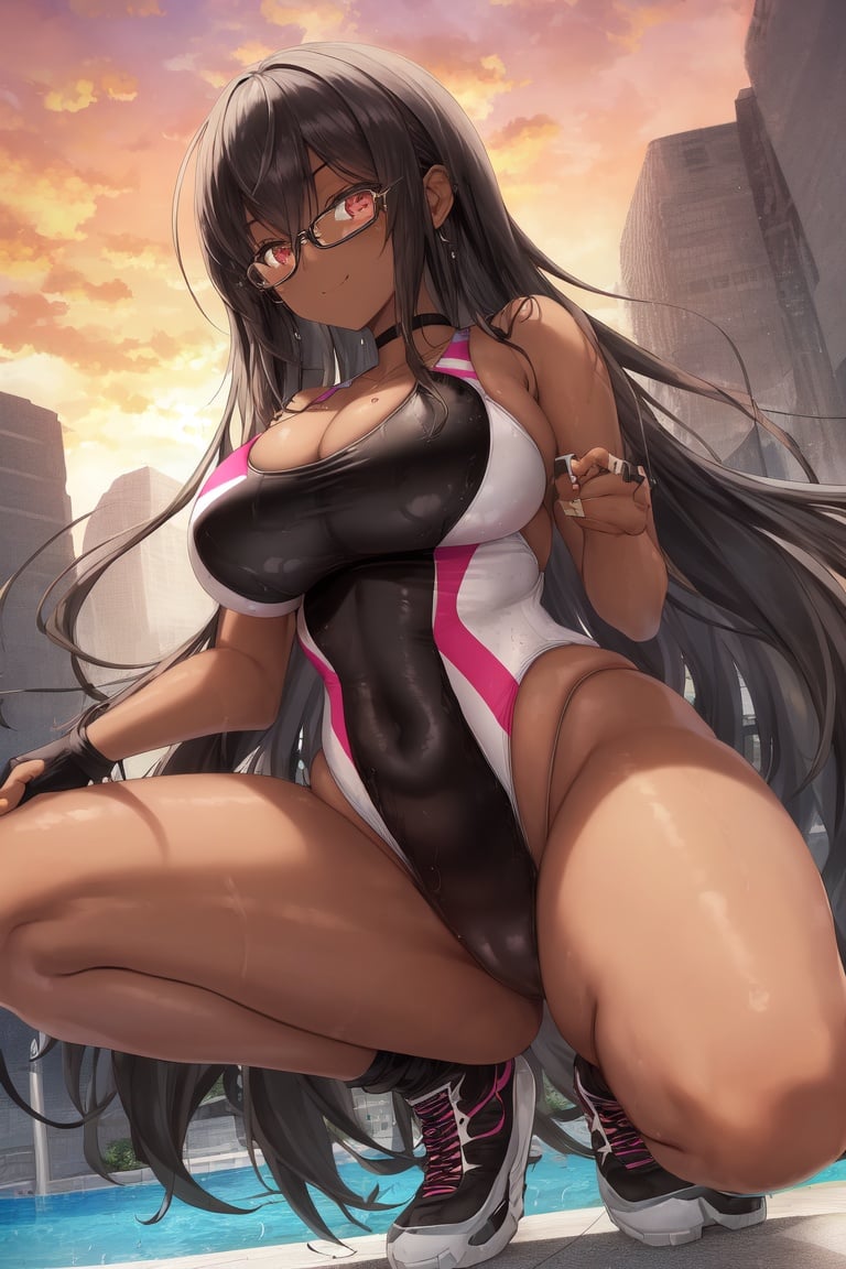 Image of absurdres, 1girl, dark-skinned female, long hair, black hair, brown eyes, gles, large breasts, cleavage, thick, one-piece swimsuit, white swimsuit+, sneakers, fingerless gloves, outdoors, sunset, poolside, looking at viewer, from below, smile, squatting