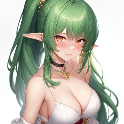 Image of masterpiece, best quality, ultra-detailed, super fine details, anime screencap, official realistic-super detailed, 1girl, solo, simple background, smile, white dress, green hair, very long hair, ponytail, elf ears, left golden eye, right red eye, hair ornament, choker, blush+, look at the viewer