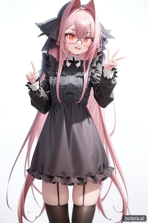 Long pink hair++, protruding fangs+, sharp eyes++, feline pupils, dark gray dress+, tights, round large glasses, blue-green