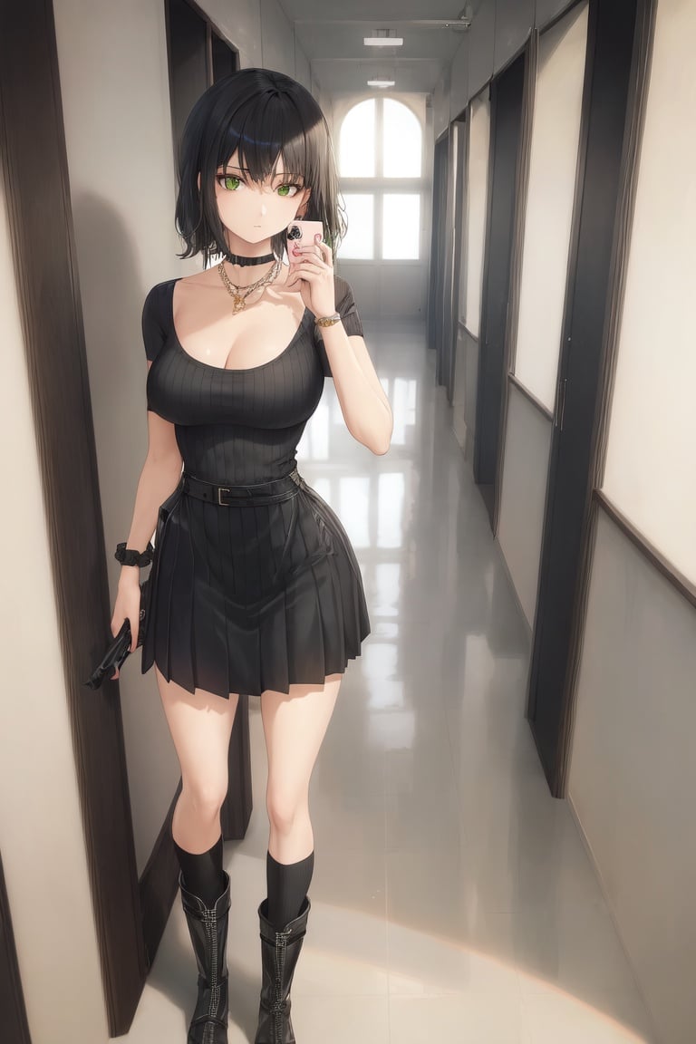 Image of absurdres, 1girl, short hair, black hair, green eyes, medium breasts, cleavage, short sleeve sweater, pleated dress, boots, wrist scrunchie, kneehighs, indoors, hallway, looking at viewer, dutch angle, expressionless, full body