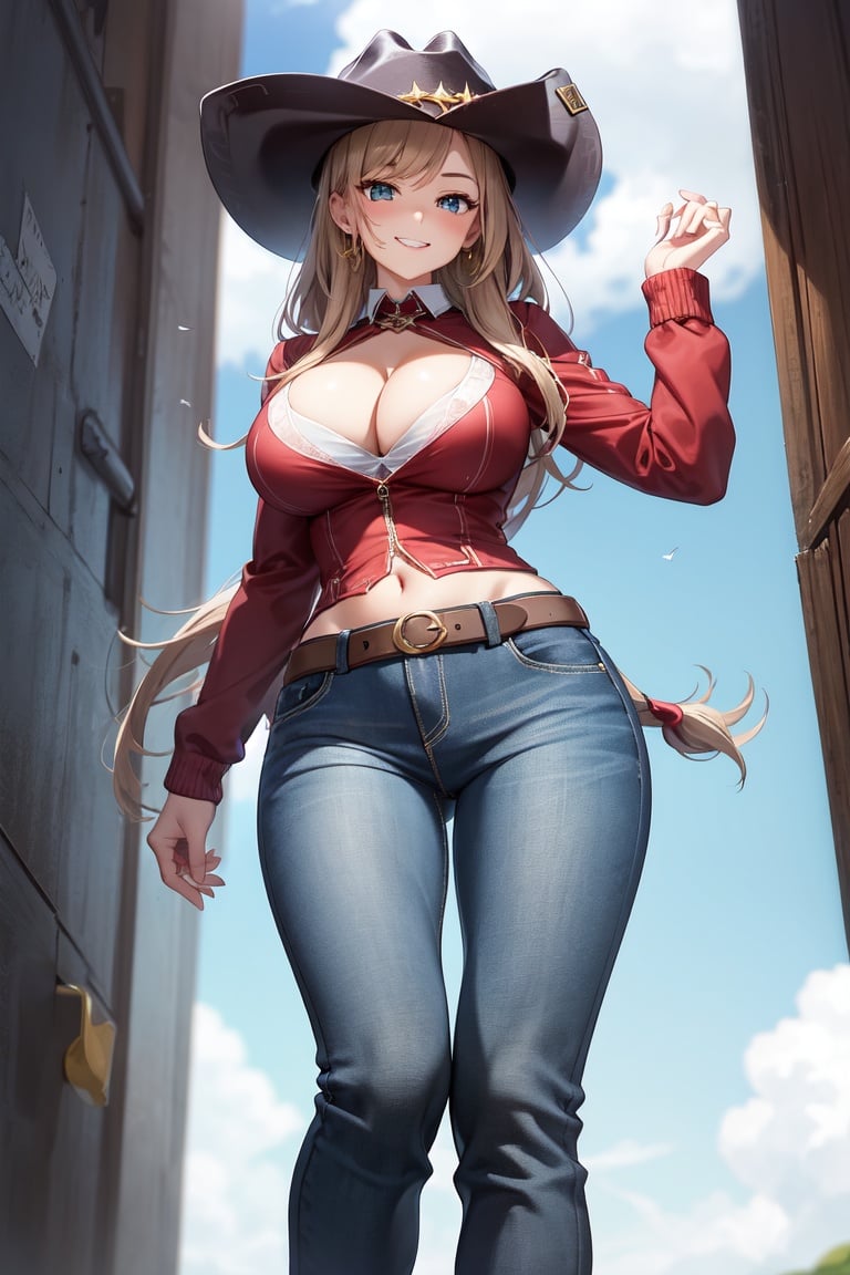 Image of 1girl, solo, villain, evil smile, from below, full body, cleavage, (cowgirl)+++, jeans