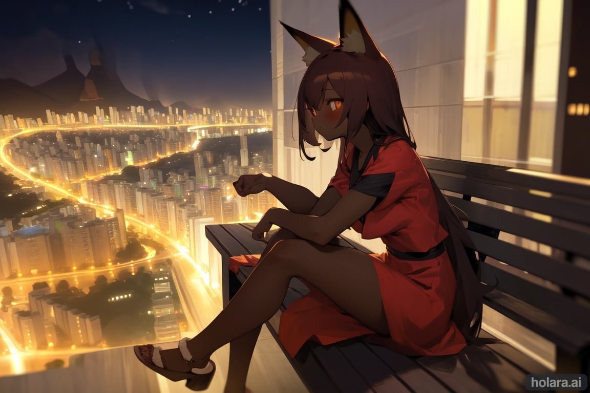 Image of 1fox girl,sitting on a bench,(Rio de Janeiro at night)+,dark skin