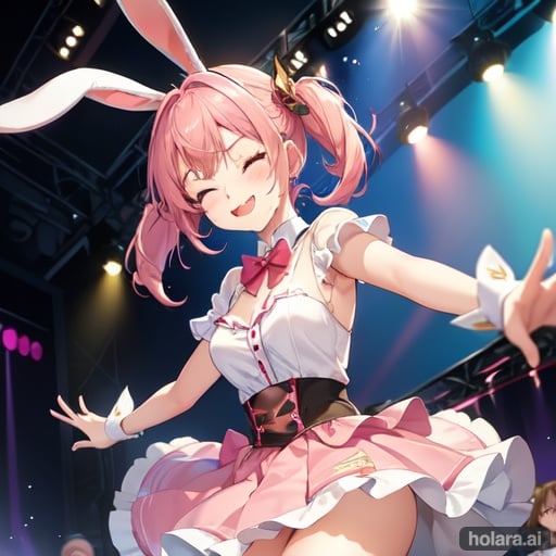 Image of 1girl, solo, pink hair, red eyes, smug, rabbit ears, skirt, stage, dancing, cute face+++, beautiful, cute++, looking at viewer, cinematic lighting, masterpiece++, best quality, hair ornament, light effect, close-up, one eye closed+