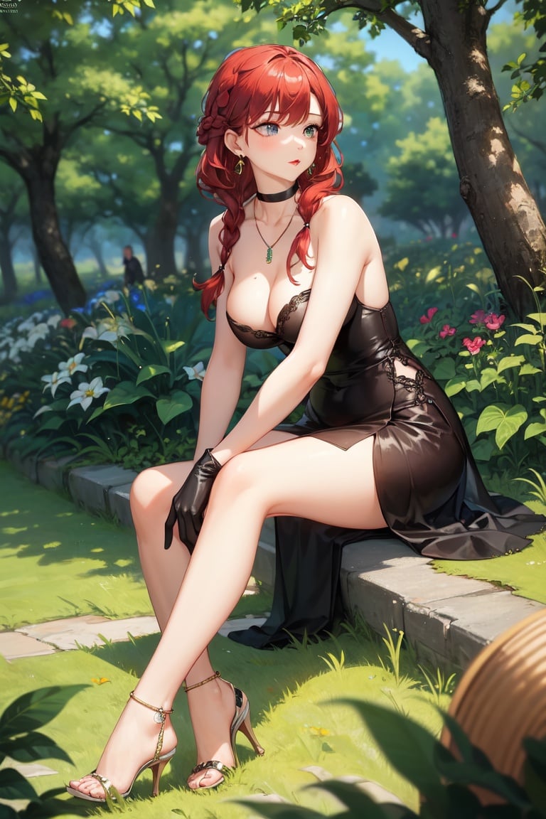 Image of 1girl, masterpiece, high quality, grass, jewelry, blurry, red hair, french braid++, necklace, depth of field, breasts, solo, dress, sitting, blurry background, long hair, cleavage, field, medium breasts, choker, black dress, earrings, red lips, anklet, makeup, lipstick, outdoors, planted, side slit, high heels, bare shoulders, hair ornament, gloves, nature++
