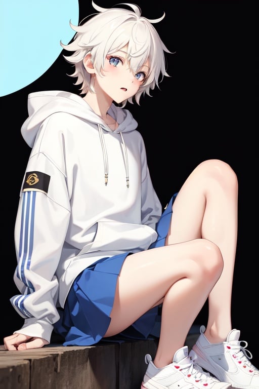 Image of 1boy,solo,petite, guy,man,male, little,,male focus,15 years old, very short hair, messy hair, hair flaps, white hair, closed_mouth, serafuku, hoodie, shoes