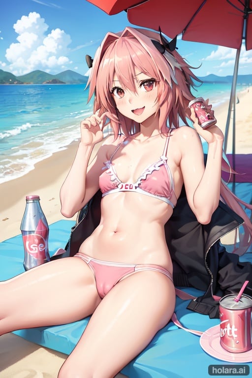 Image of astolfo++, pink bikin+, on a suuny day on the beach, a can of coke in the hand