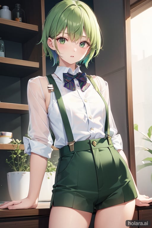 Image of zndmn, suspenders, green short hair