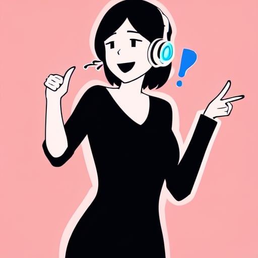 Image of 1women talking+, (animated gestures)++, talking, happy, flat colors, text bubble with question mark++, listening to music, wearing earphones+, chromatic distortion, single color background-