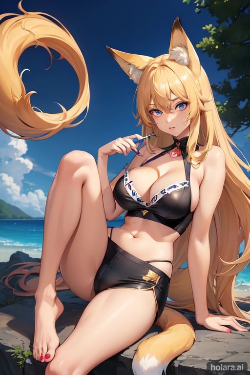Image of (masterpiece), best quality,anime-like,young girl expressive eyes, pretty face, perfect face,1girl, animal ears, barefoot, breasts, cleavage, fox tail, mid large breasts, long hair, midriff, solo, tail, dark skin, ,normal human hands, normal human feet,normal human legs, normal human arms, smoking a cigarette, at themepark, wears a daily clothes