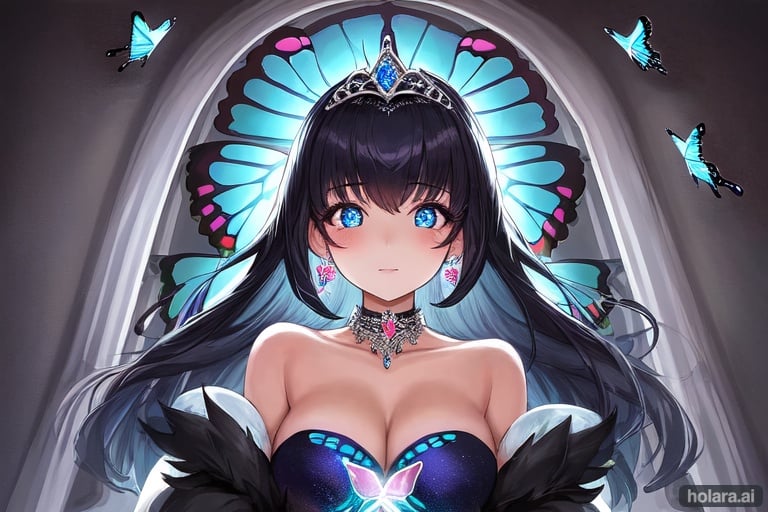 Image of 1girl, solo, tiara, gown, dark blue hair, choker, castle interior, hair ornament,(butterflies)+++, best quality++, masterpiece++, cute face+++, cinematic lighting++, looking at viewer, beautiful, ultra-detailed++,