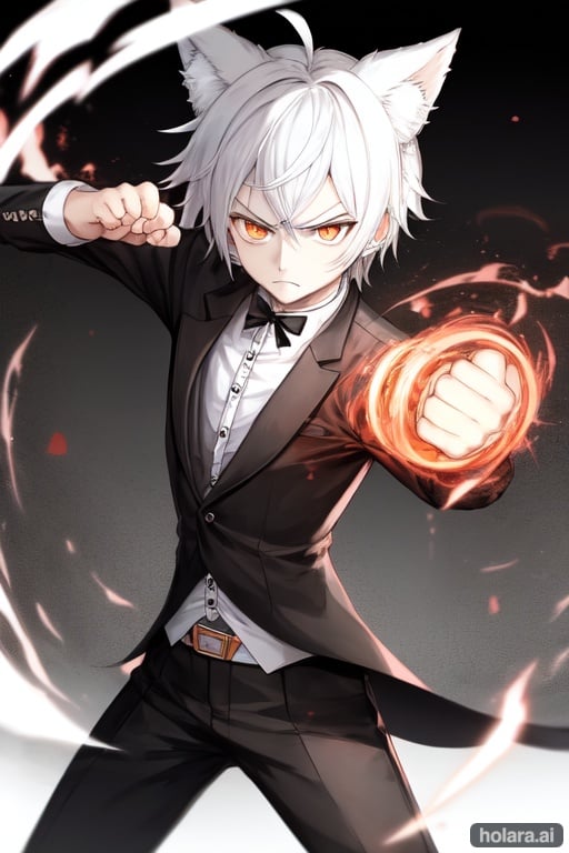 Image of 1boy, solo, (fighting stance)++, white hair, orange eyes, angry, hair bow, hair ribbon, wolf ears, hoodie-, frills, collar, sauna