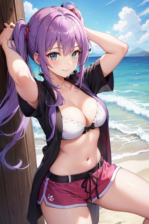 Image of 1girl, solo, traditional media, oil painting, fighting stance, from above, purple hair, (aqua eyes)+, smile, curly hair, twintails, robe, shorts, beach