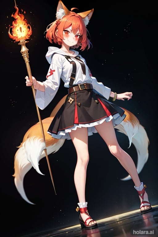 Image of Anime female character holding up a magical scepter and a little fox of fire is standing on her shoulders,1girl, fire, solo, magical, fireball, fire scepter, long hooded sleeve, belt, bracelets, cute stocking, short skirt, red eyes, beautiful long red and orange hair, glowing hair, kawaii, petite, loli, best quality, blush, translucent hair, angry smile, full body, dutch angle,