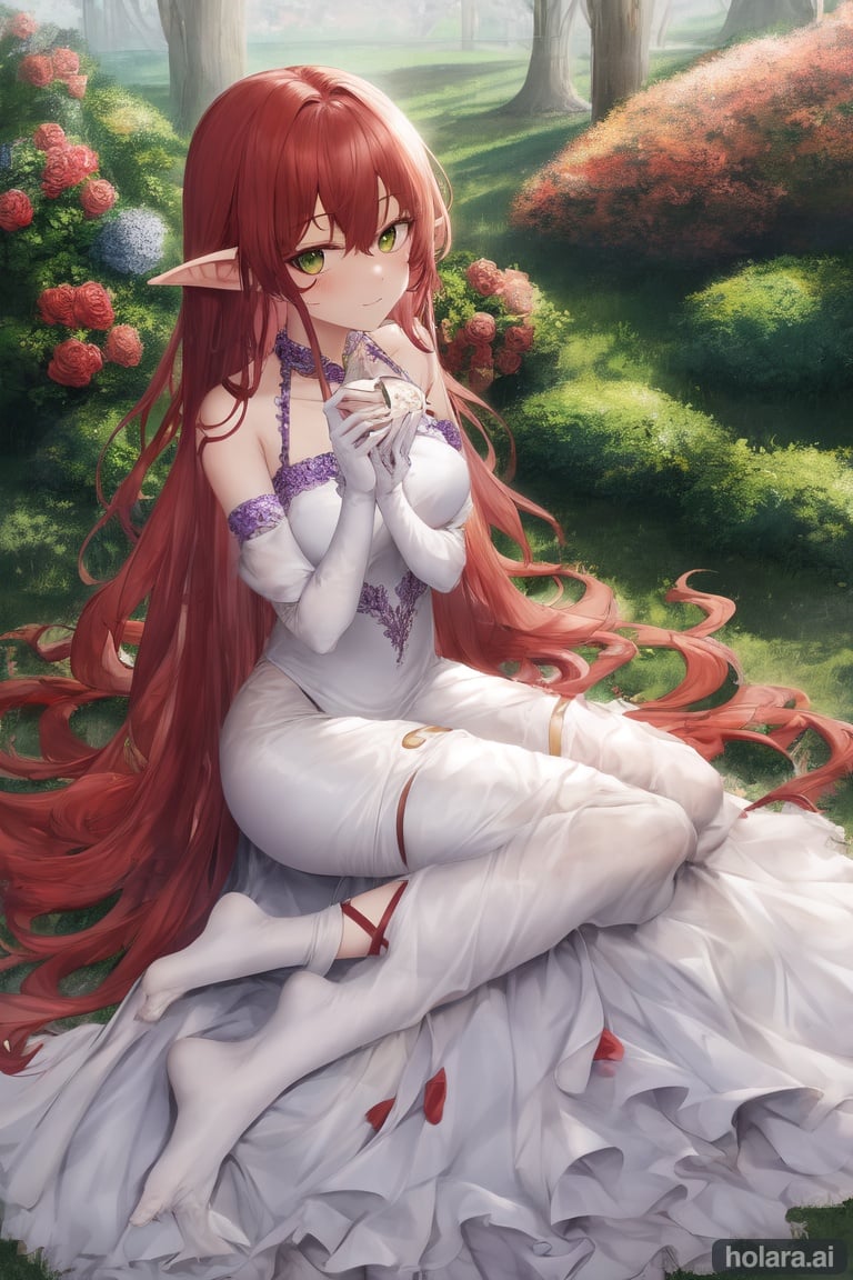 Image of 1girl, solo, nature, very long hair, elve, long dress, good quality, rose garden, academy, red hair, curly hair, purple eyes, full body, teatime, green eyes, sitting