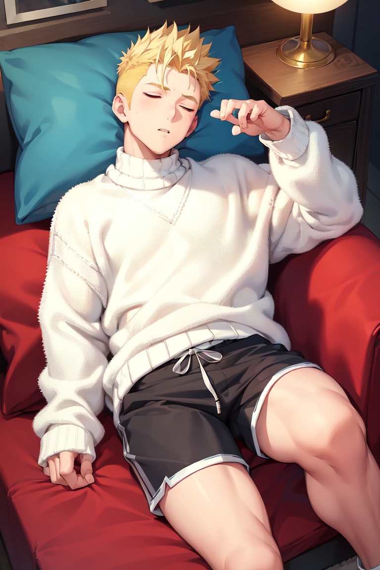 Image of 1boy, fluffy sweater, rugby shorts, blond hair, shaved sides, giant pillow, sleeping