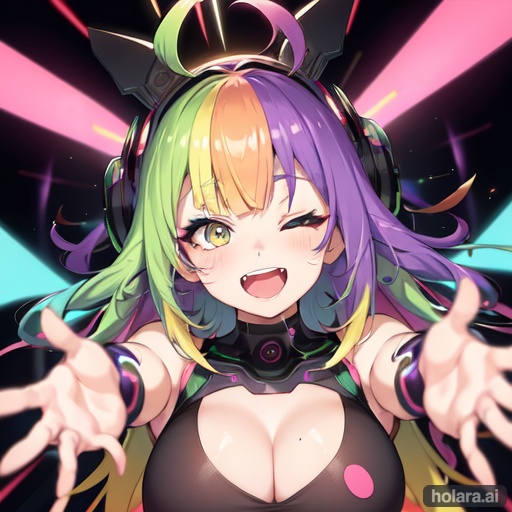 Image of Acid core, 1girl,  neon gradient, thick eyelashes, close-up, (crazy eyes)++, crazy smile, multicolored hair, open mouth, one eye closed, dancing,  abstract background, high resolution, best quality, masterpiece,  perfect anatomy, perfect face