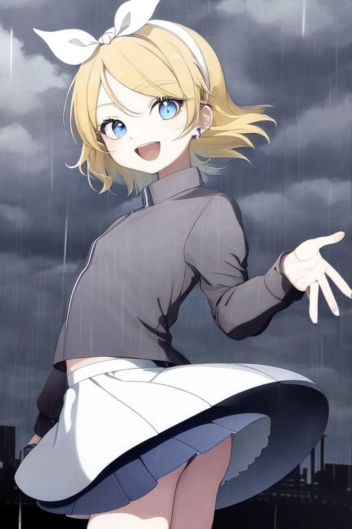 Image of Rin Kagamine, flat color++, rain, happy, SD, 1985s++, animated, short hair, blue eyes, long sleeves, skirt, white hairband, blonde hair
