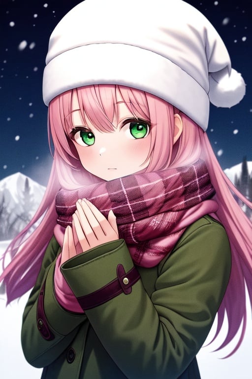 Image of 1girl, solo, long hair, pink hair, green eyes, winter clothes+, snow, scarf, soft lighting, night sky++, hat+