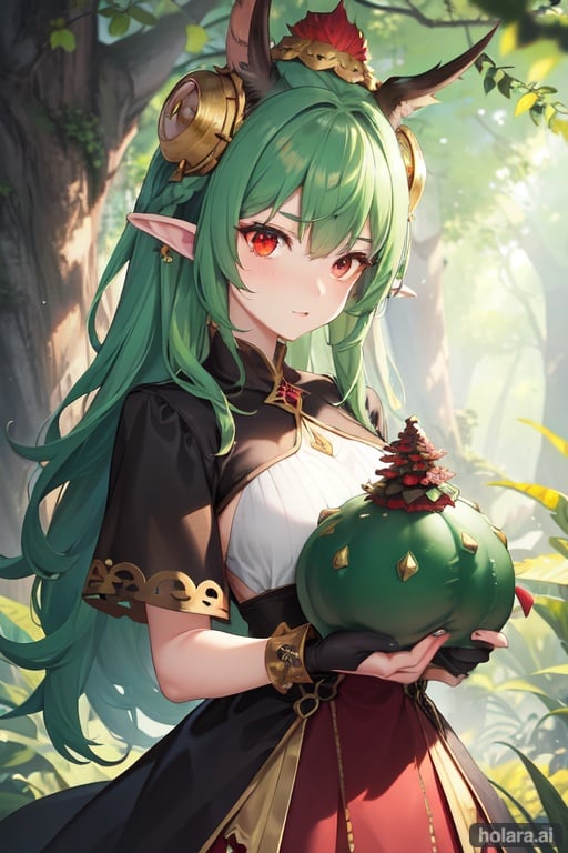 Image of Pine Dryad, (monster girl), platted dark green hair, single green horn, red eyes, a green pinecone-like dress, masterpiece, best quality