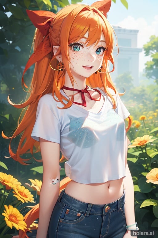 Image of 1girl, solo, orange hair++, aqua eyes+,freckles+++, white t-shirt++,jeans, sandals,looking at viewer++,best quality++,small breasts+++, long hair++, hair ribbon+,ultra detailed+++, hair ornament, neck ribbon+, wristband++, earrings++, garden, smile++, happy+, open mouth+, from side+, masterpiece+++