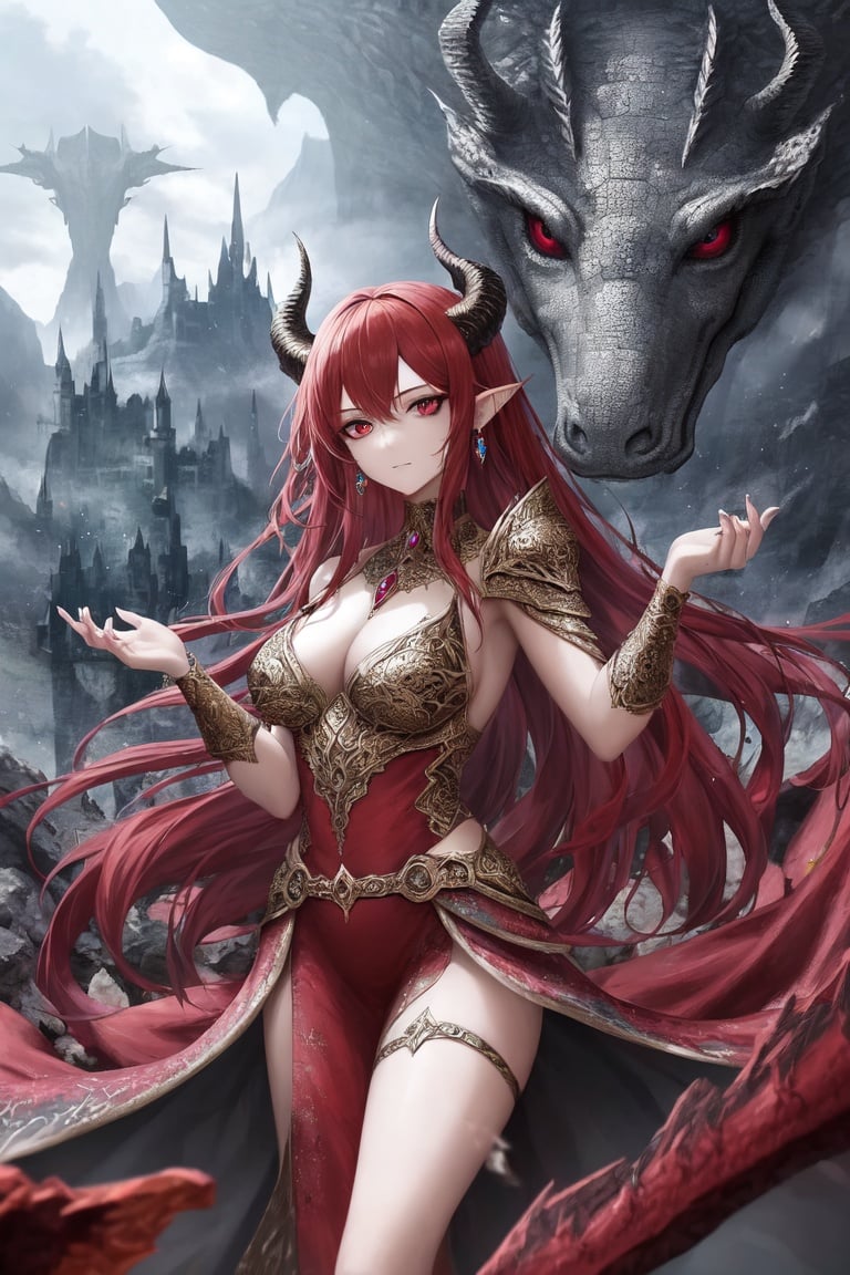 Image of (masterpiece), best quality, expressive eyes, perfect face, dragon horns, red hair, slit eyes, multicolored eyes, ethereal, fantasy, dreamlike, landscape, Intricate Surface Detail, Crystalcore, Crystals, Bejeweled, ethereal dress, fantasy armor,(abstract background), 