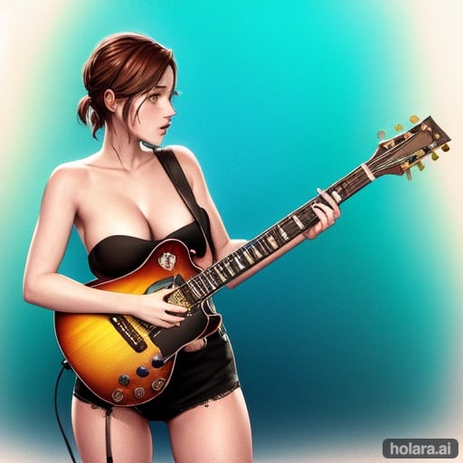Image of Ellie Williams from the last of us 2, full ,  , sticker (w\o an outline), pin-up, a waist-high shot of the beautiful Monroe, (bigtits:1.8), guitar solo, woman solo guitar, female guitarist, woman playing the guitar, playing a concert ((white background)) , nice perfect face with soft skin , by Dmitry Moor, by Gustav Klimt , vibrant watercolor tones, concept art, 8k resolution, oil painting, black vignette,