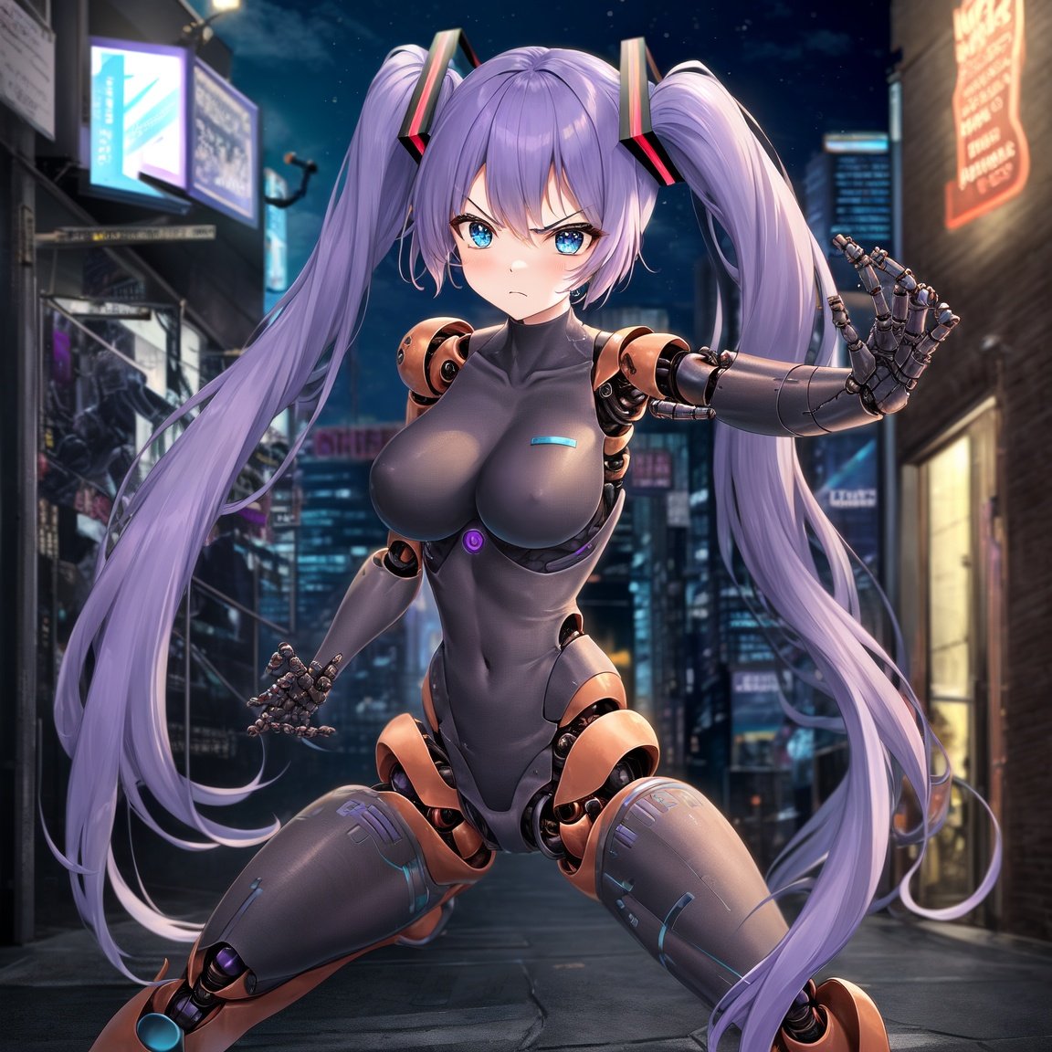 Image of 1girl, solo, hatsune miku, (fighting stance)+, android, (robot joints)+, cyborg, (intricate detail)+, (purple hair)++, twintails, very long hair, (dark alley)+, (close-up)-, angry, hologram, neon lighting, movie still, cinematic, night, cyberpunk, city