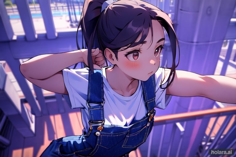 Image of 1girl, solo, stretching, from above, ponytail, overalls, jeans, outdoors