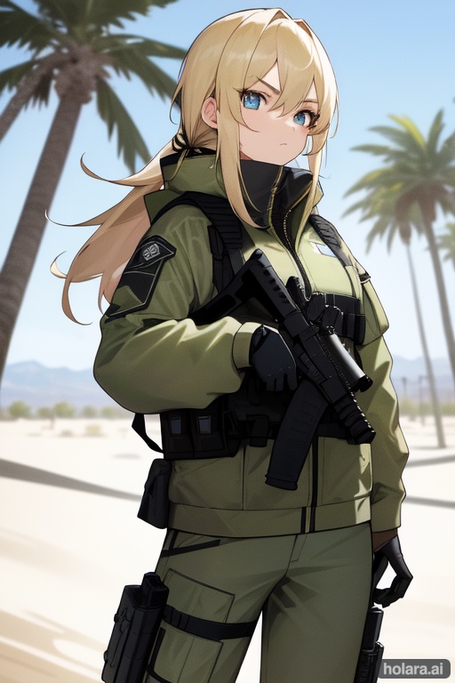 Image of (clear image), 1girl, female, counter terrorist, SAS, background: desert palm trees oasis, blonde hair, blue eyes, german,  eyebrows visible through hair