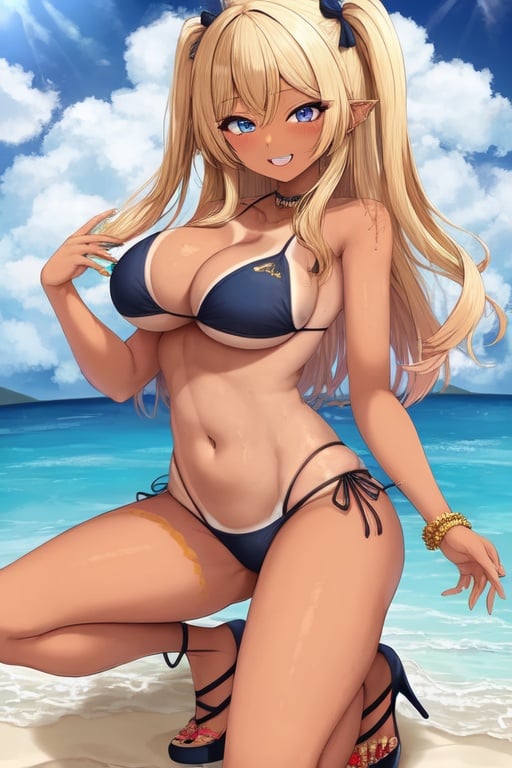 Image of Gyaru girl with blonde hair and blue eyes tan skin and a smile and High Heels and Bikini