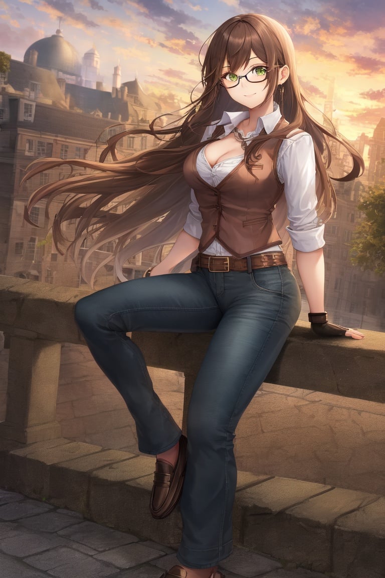 Image of absurdres, 1girl, brown hair, long hair, green eyes, large breasts, cleavage, gles, vest, jeans, loafers, fingerless gloves, outdoors, sunset, looking at viewer, dutch angle, smile, full body