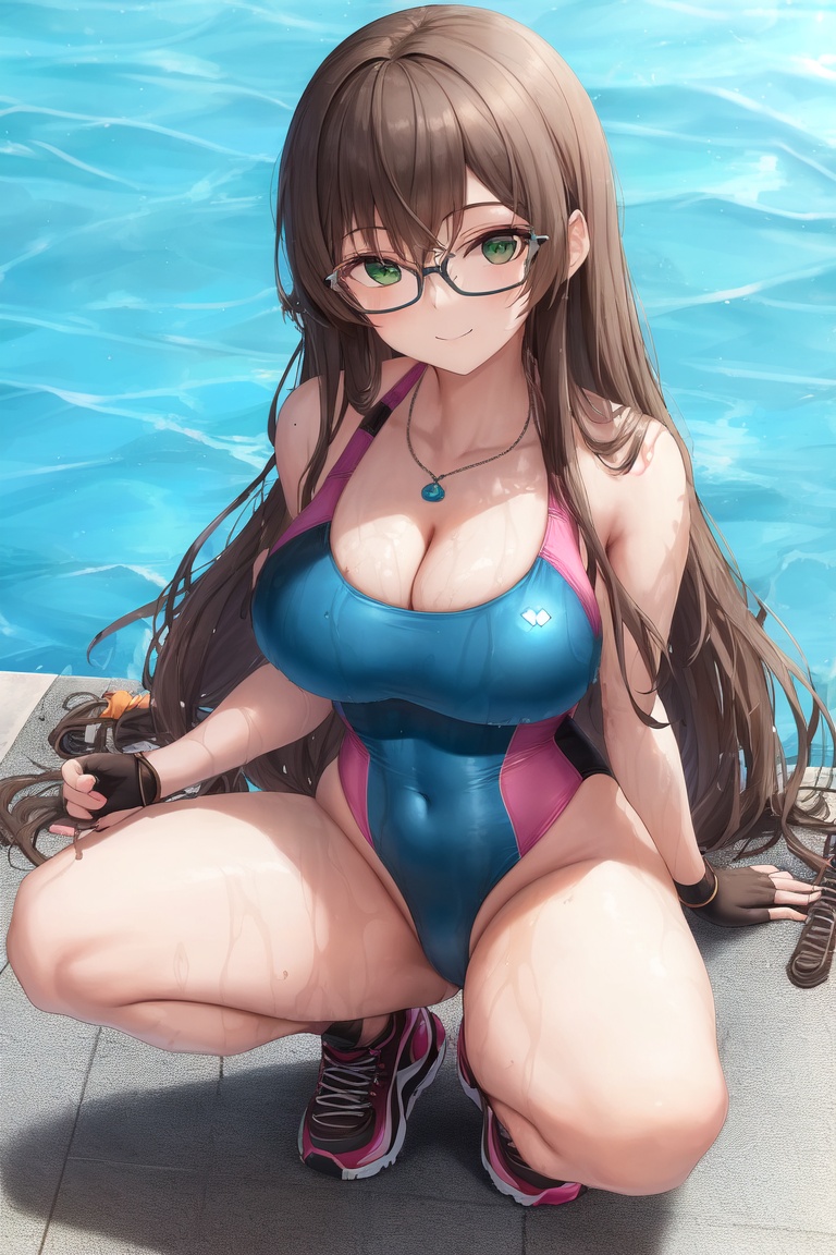 Image of absurdres, 1girl, long hair, brown hair, green eyes, glasses, large breasts, cleavage, one-piece swimsuit, highleg swimsuit, blue swimsuit+, sneakers, fingerless gloves, outdoors, poolside, sunset, looking at viewer, from above, smile, squatting
