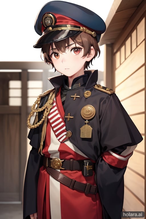 Image of eleven year old boy with pale face, rosy cheeks and innocent pale face with big brown eyes, brown hair, background of a steampunk feudal Japan wearing a rough Japanese style commander military uniform and with a military beret on his head