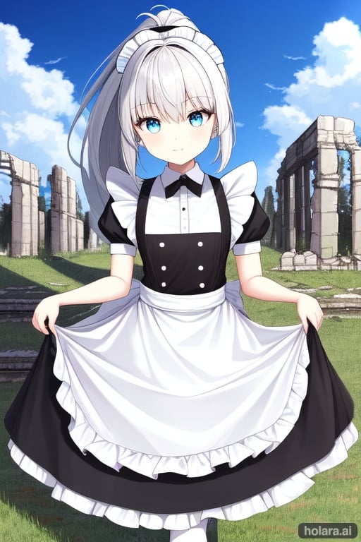 Image of ruins, first-person view, high ponytail, princess, white hair, blue eye, Maid dress, little girl.