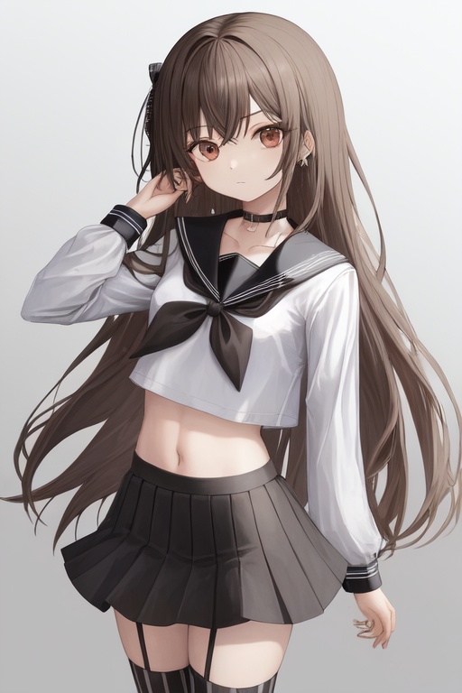 Image of 1girl, thighhighs, long hair, brown hair, solo, skirt, striped, gradient, gradient background, navel, black legwear, shirt, midriff, rating:safe, spread legs, crop top, grey background, collarbone, hand on hip, pleated skirt, black skirt