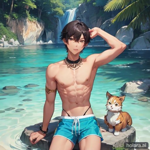 Image of young slender shirtless Thai male with brown skin striped cyan shorts and an ornate choker sitting on a rock beside a river
